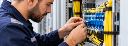 Τεχνικός οπτικών ινών σε δικτυακό rack